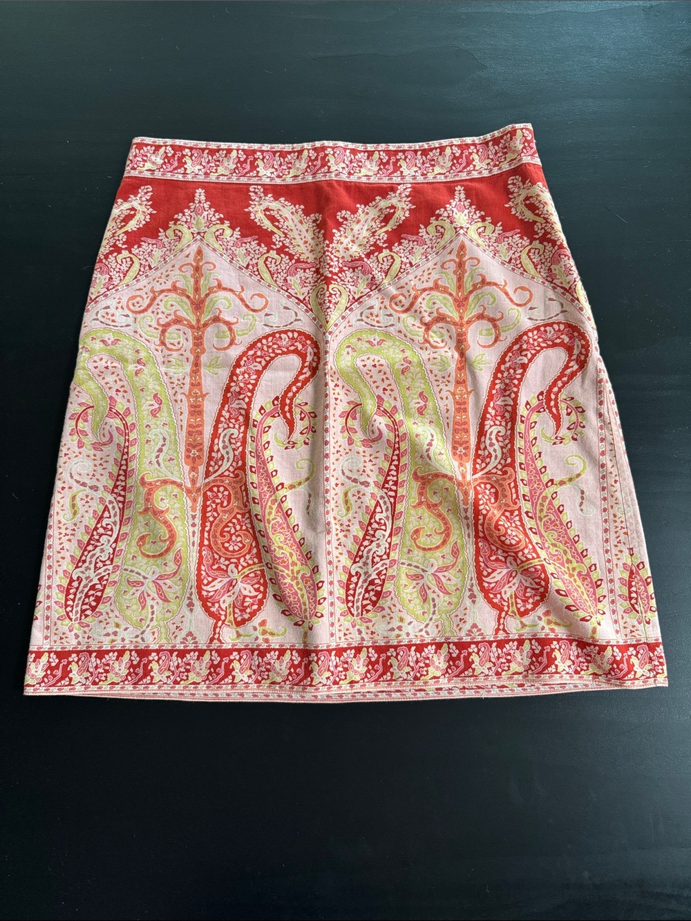 Elie Tahari Red Paisley Print Pencil Skirt with Pink and Green Accents